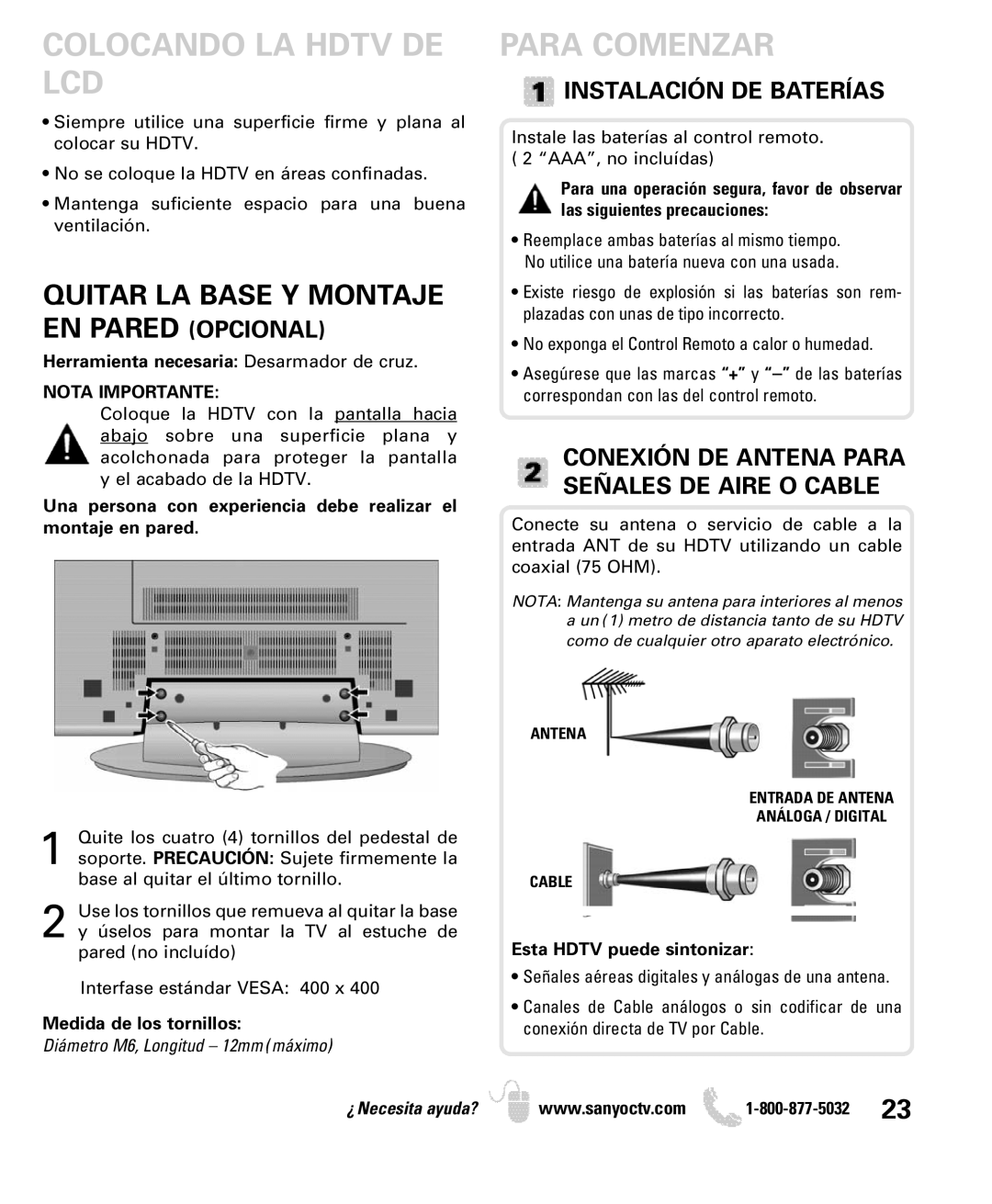 Sanyo DP52440 manual Colocando LA Hdtv DE LCD, Para Comenzar, Instalación DE Baterías, Nota Importante 