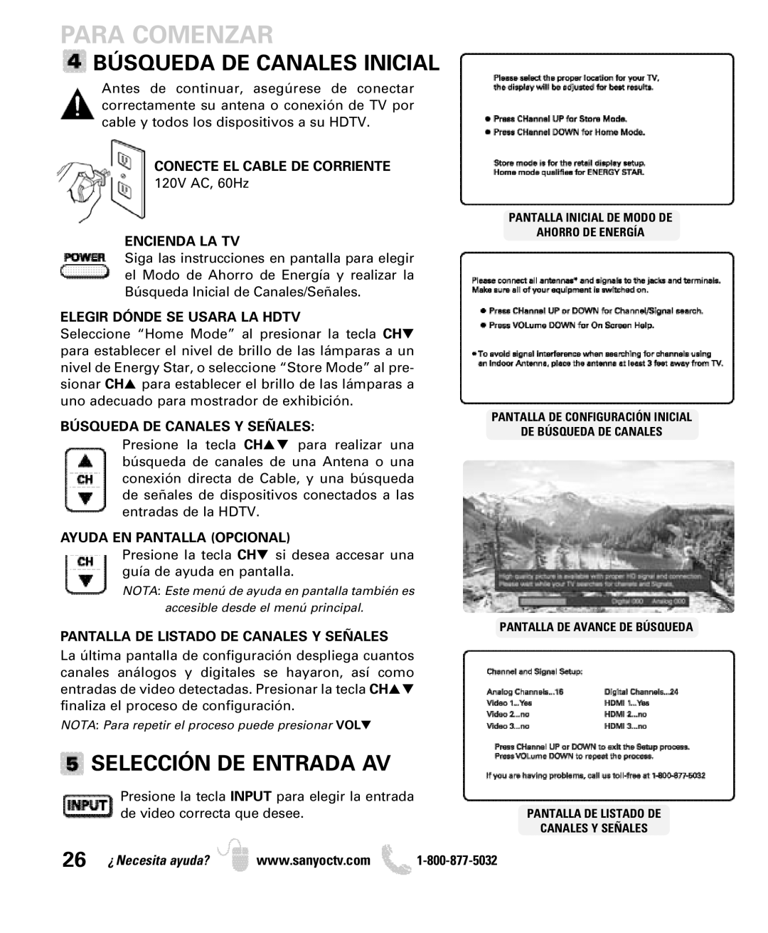 Sanyo DP52440 manual Búsqueda DE Canales Inicial, Selección DE Entrada AV 