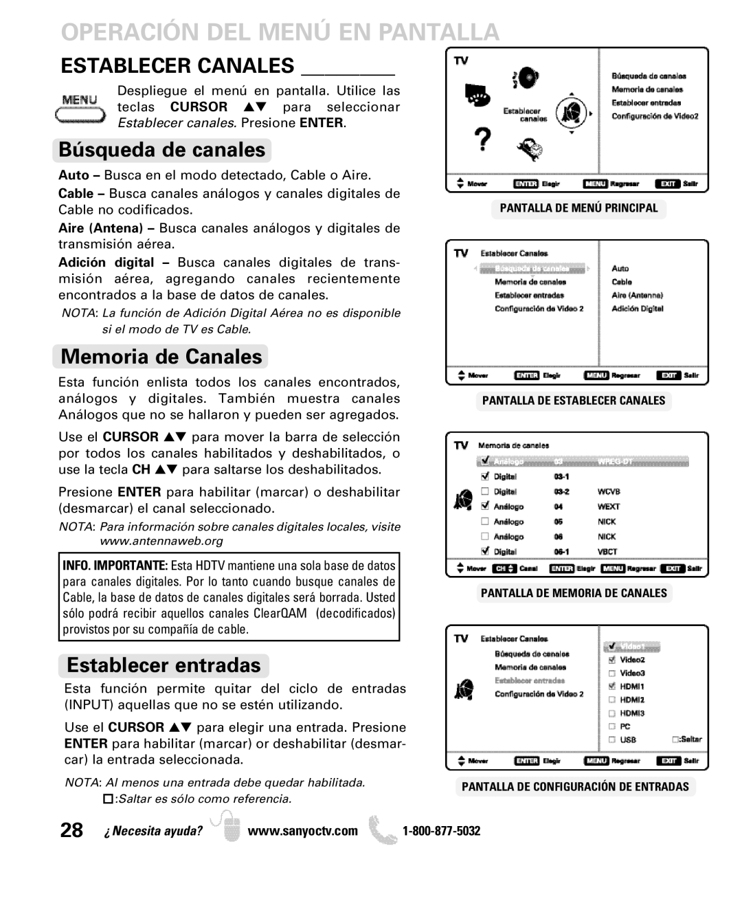 Sanyo DP52440 manual Operación DEL Menú EN Pantalla, Establecer Canales, Búsqueda de canales, Memoria de Canales 