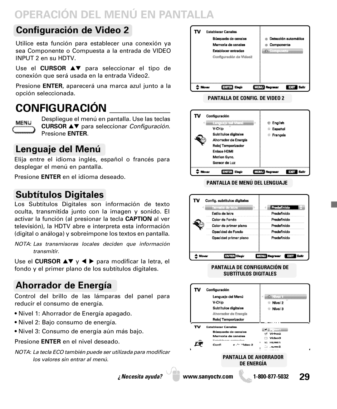 Sanyo DP52440 manual Configuración de Video, Lenguaje del Menú, Subtítulos Digitales, Ahorrador de Energía 