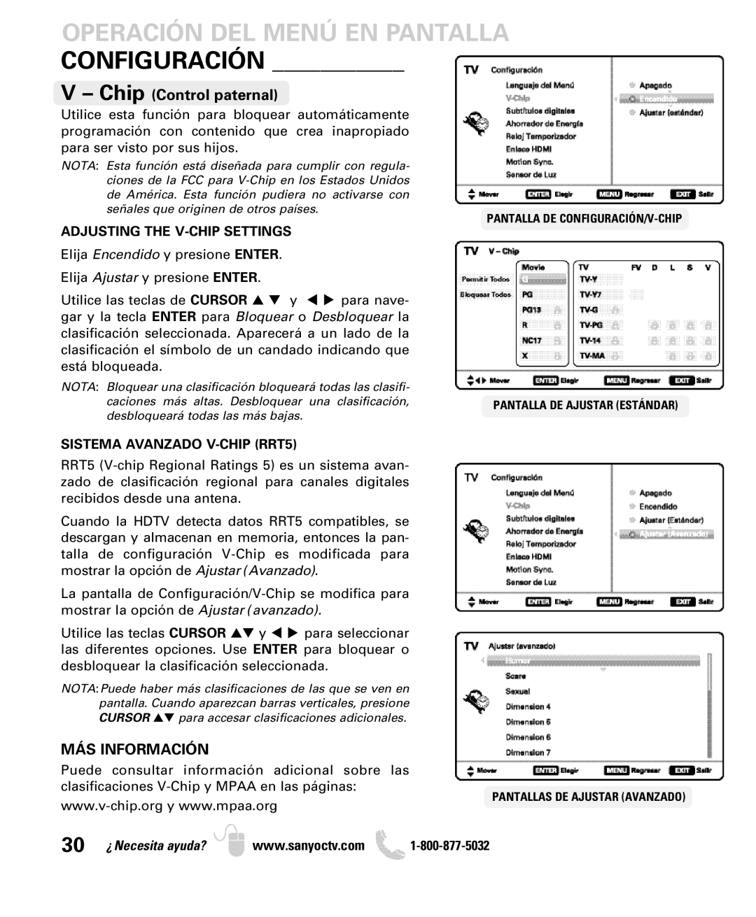 Sanyo DP52440 manual MÁS Información, Adjusting the V-CHIP Settings, Sistema Avanzado V-CHIP RRT5 