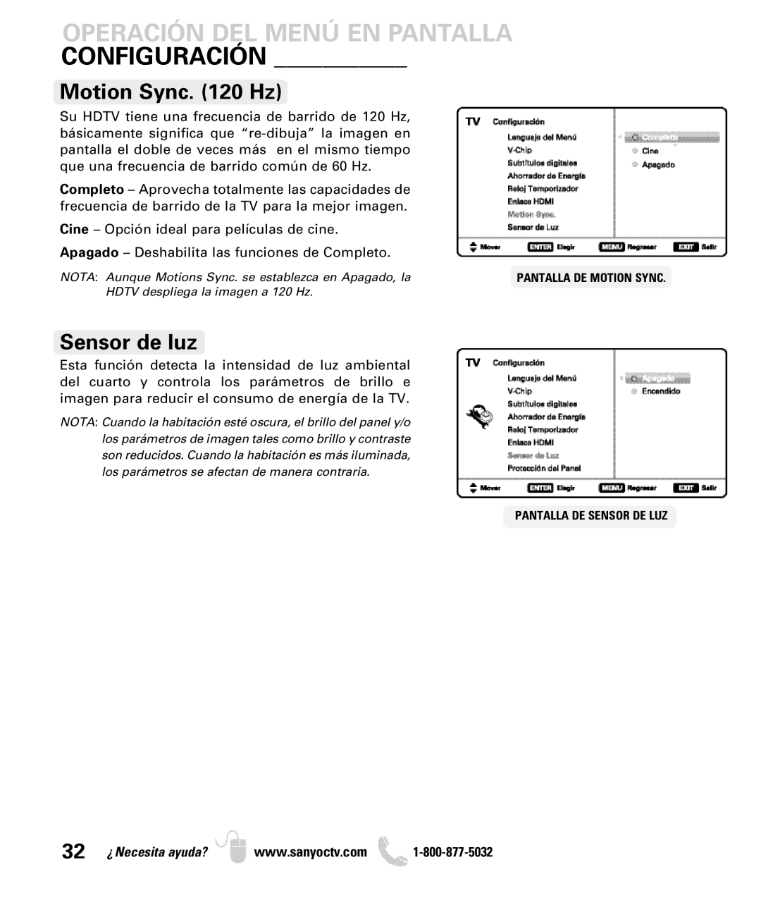 Sanyo DP52440 manual Motion Sync Hz, Sensor de luz 