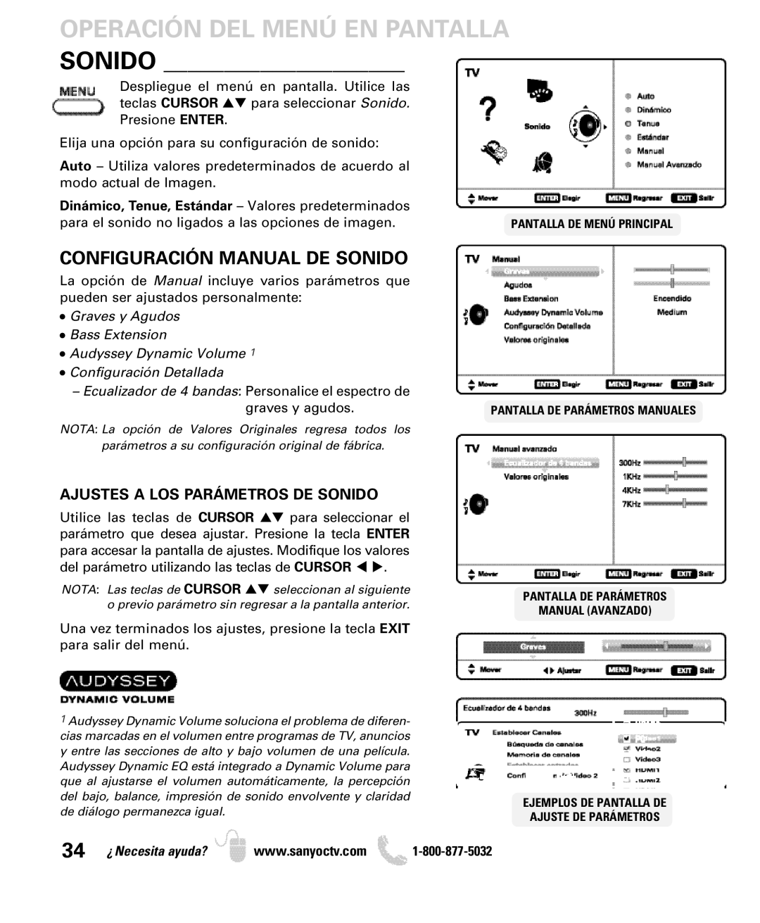 Sanyo DP52440 manual Configuración Manual DE Sonido, Ajustes a LOS Parámetros DE Sonido 