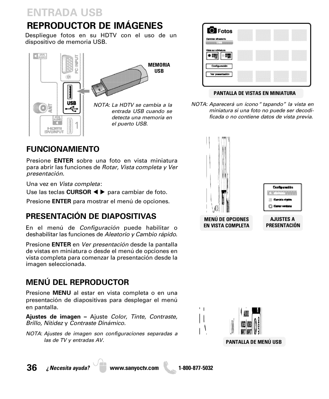 Sanyo DP52440 Entrada USB, Reproductor DE Imágenes, Funcionamiento, Presentación DE Diapositivas, Menú DEL Reproductor 