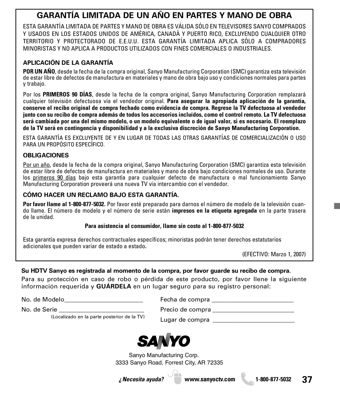 Sanyo DP52440 manual Garantía Limitada DE UN AÑO EN Partes Y Mano DE Obra, Aplicación DE LA Garantía, Obligaciones 