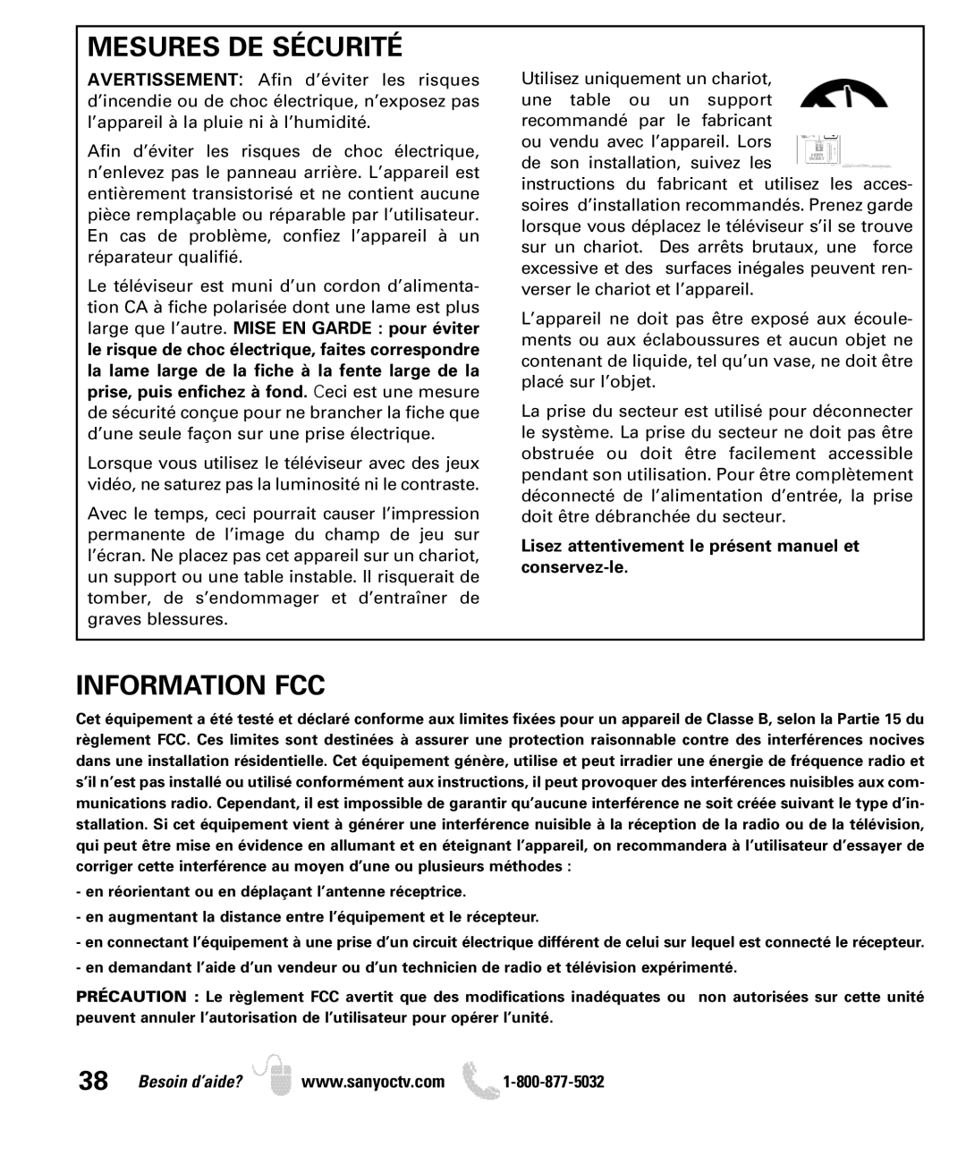 Sanyo DP52440 manual Mesures DE Sécurité, Information FCC, Lisez attentivement le présent manuel et conservez-le 