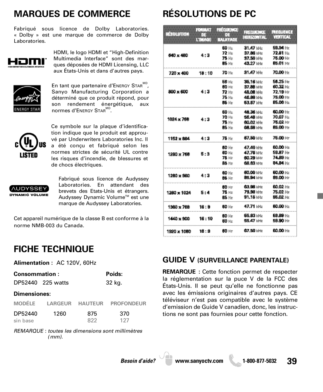 Sanyo DP52440 manual Marques DE Commerce, Fiche Technique, Guide V Surveillance Parentale 