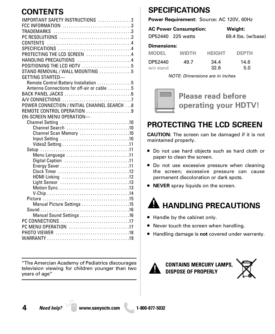 Sanyo DP52440 manual Contents, Specifications, Protecting the LCD Screen, Handling Precautions 