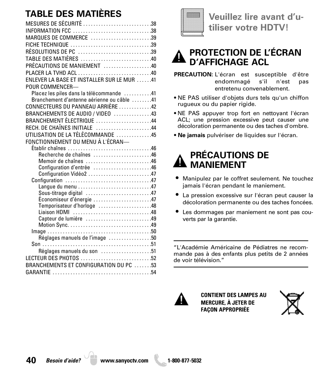 Sanyo DP52440 Table DES Matières, Précautions DE Maniement, Contient DES Lampes AU MERCURE, À Jeter DE Façon Appropriée 