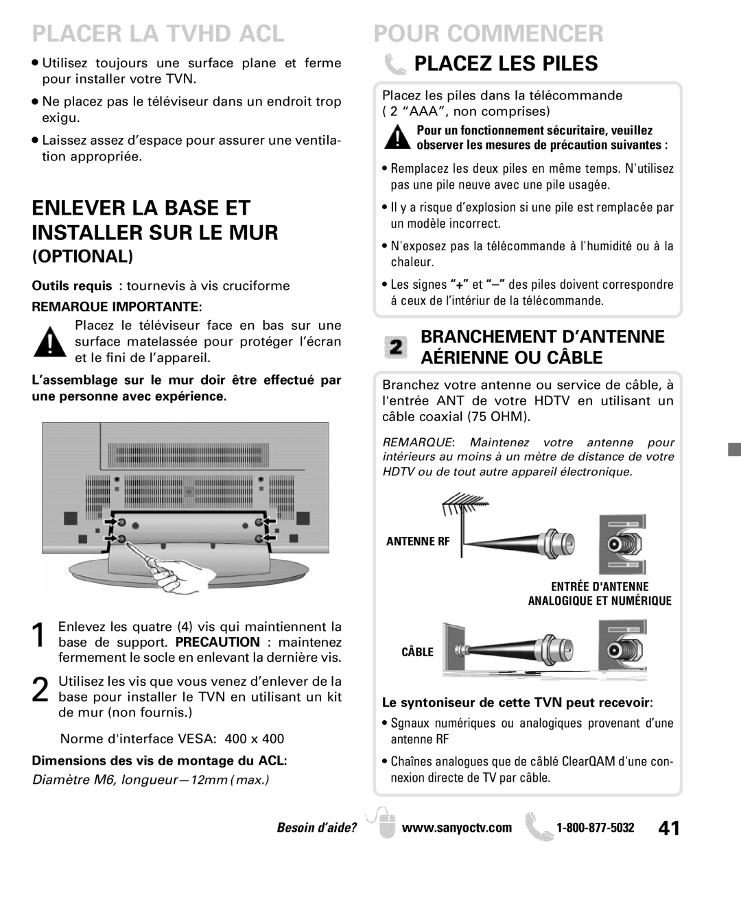 Sanyo DP52440 Placer LA Tvhd ACL, Pour Commencer, Placez LES Piles, Optional, Branchement D’ANTENNE Aérienne OU Câble 