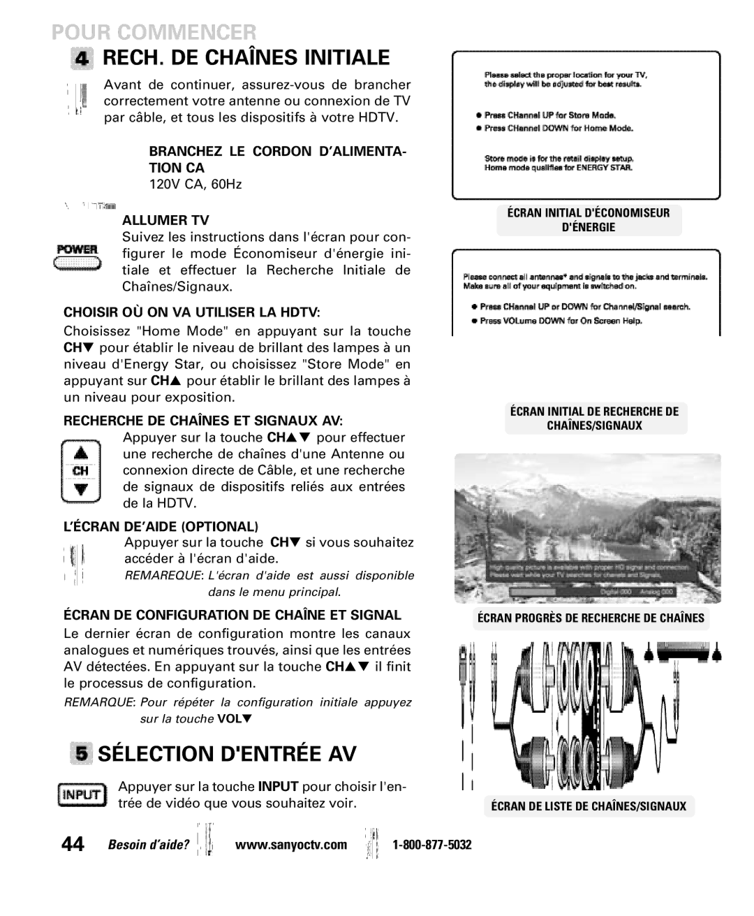 Sanyo DP52440 manual RECH. DE Chaînes Initiale, Sélection Dentrée AV 