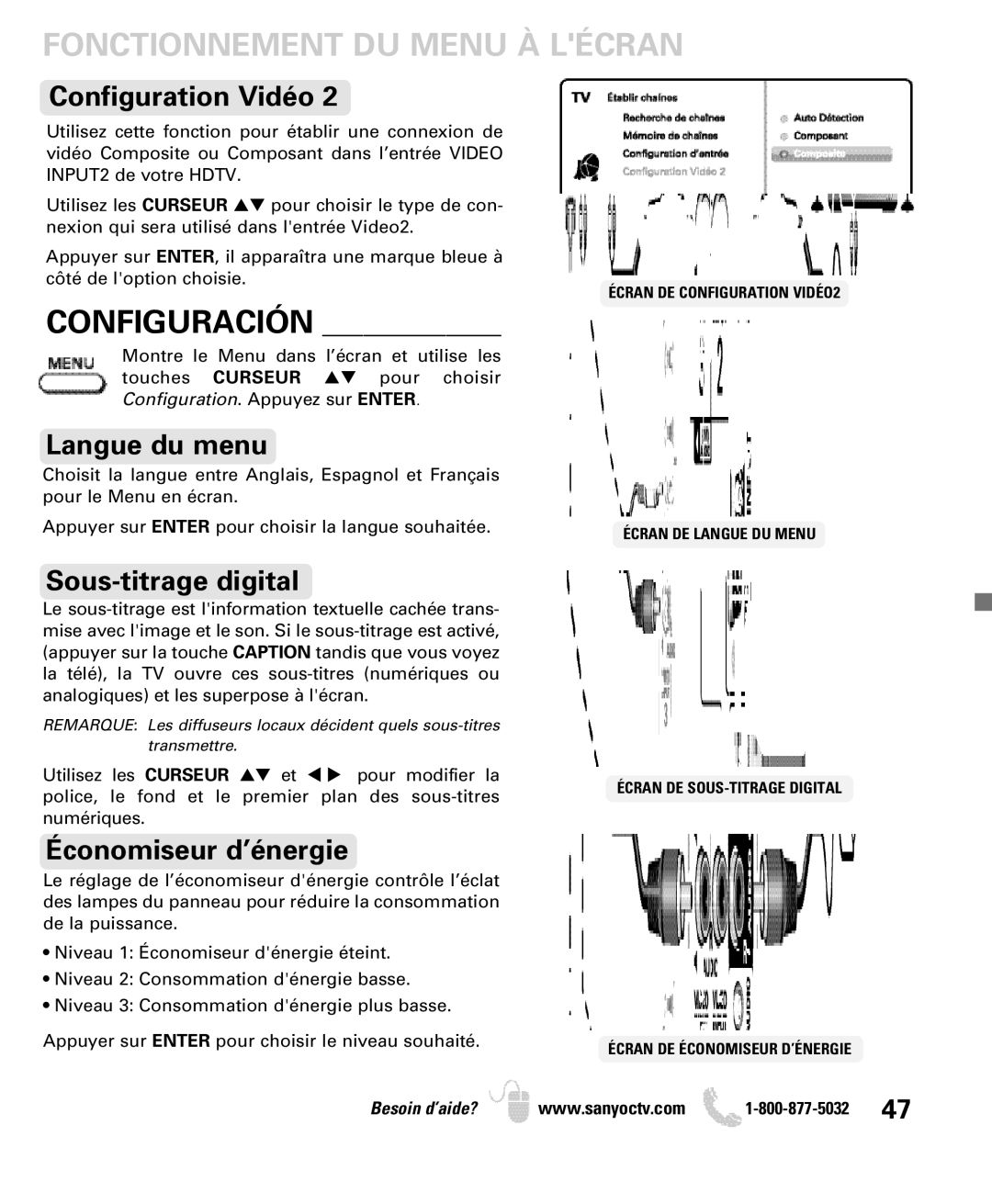 Sanyo DP52440 manual Fonctionnement DU Menu À Lécran, Configuration Vidéo, Langue du menu, Sous-titrage digital 