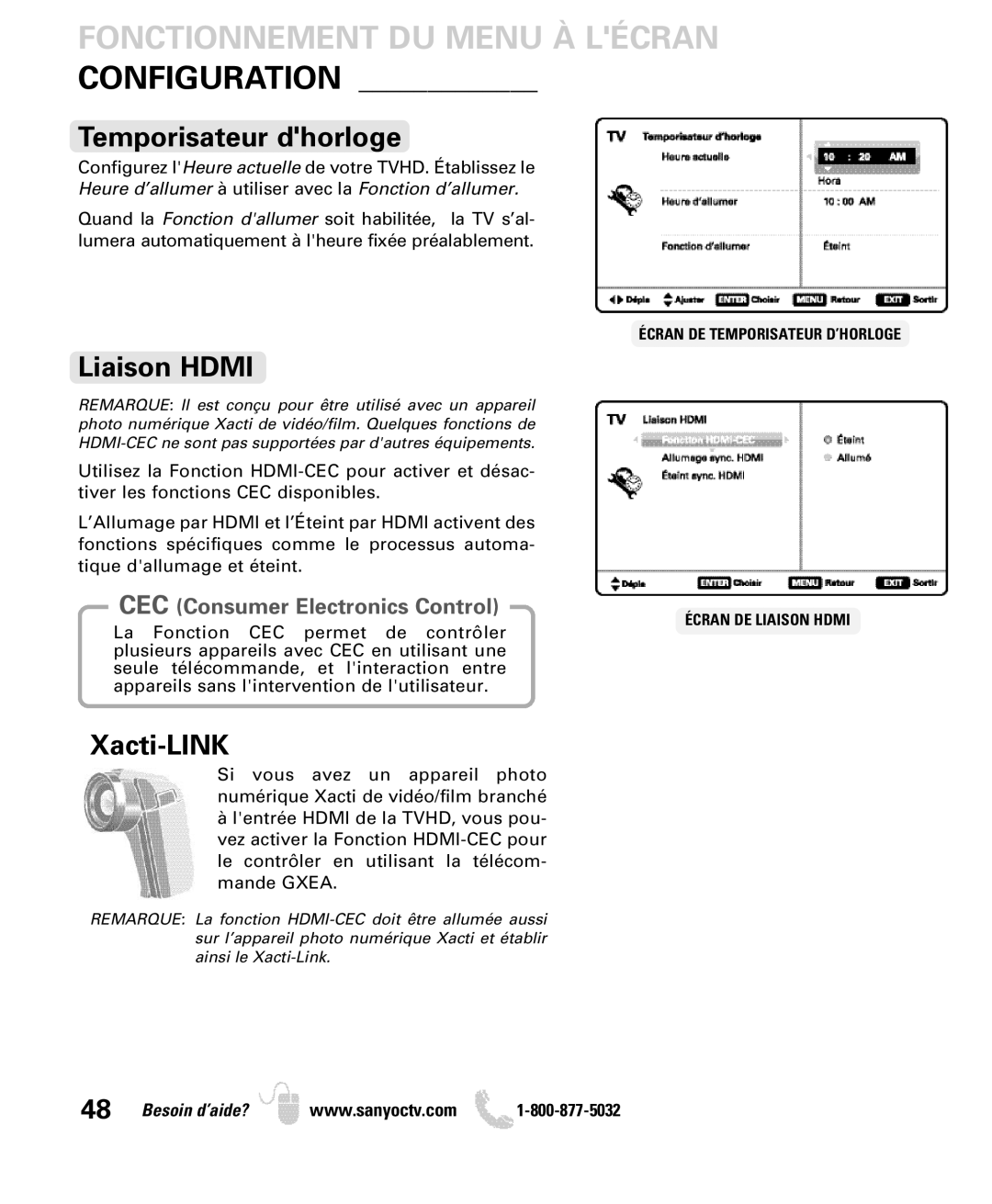 Sanyo DP52440 manual Fonctionnement DU Menu À Lécran Configuration, Temporisateur dhorloge, Liaison Hdmi 