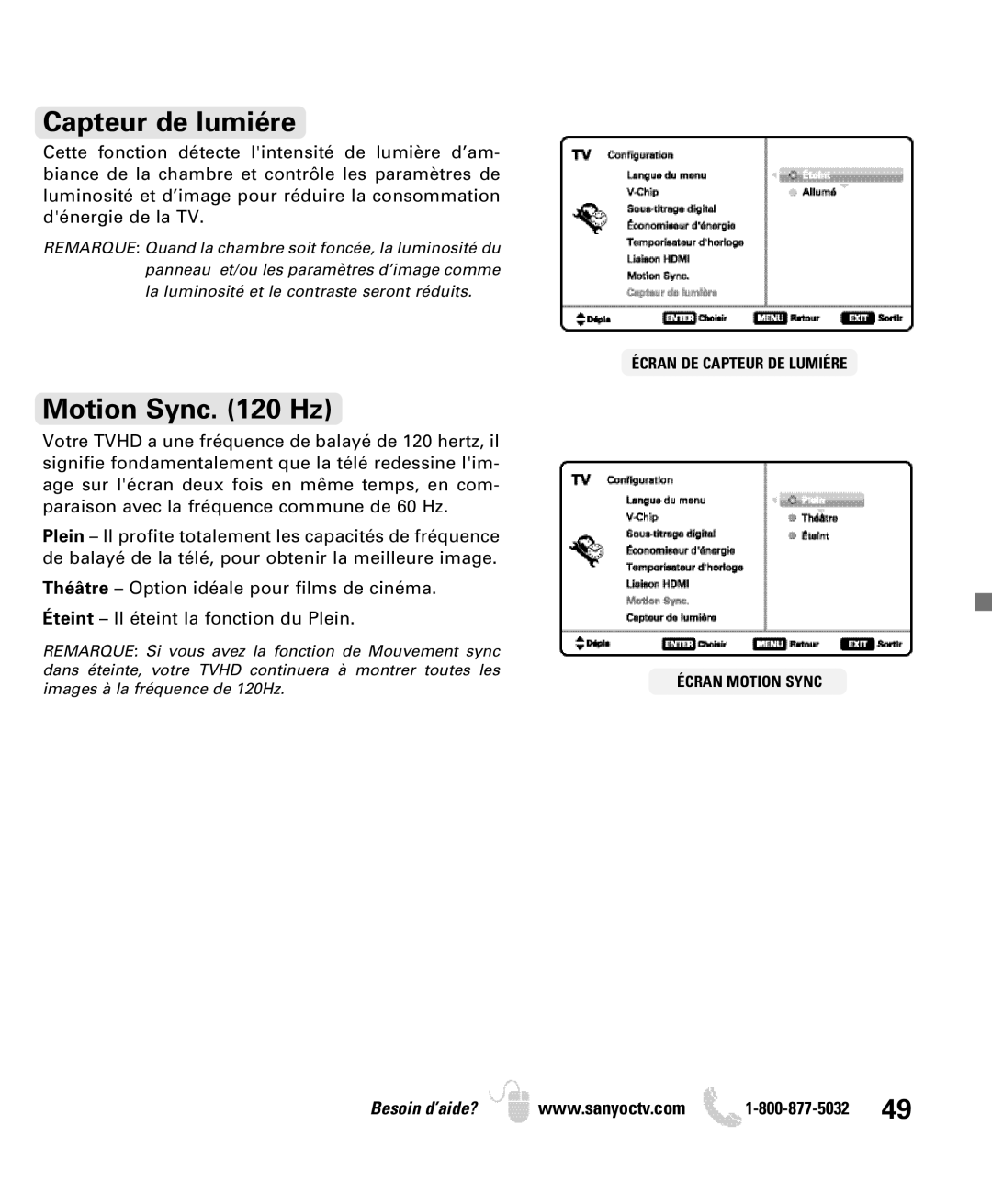 Sanyo DP52440 manual Capteur de lumiére, Motion Sync Hz 