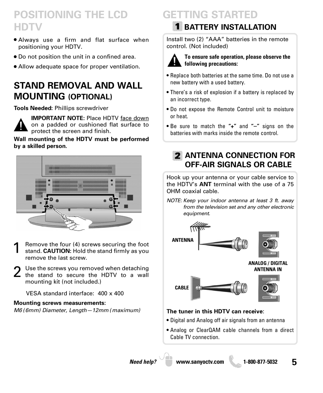 Sanyo DP52440 manual Positioning the LCD Getting Started Hdtv, Stand Removal and Wall Mounting Optional 