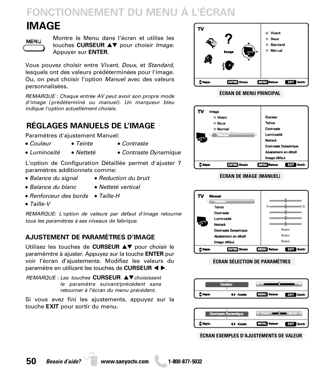 Sanyo DP52440 manual Réglages Manuels DE L’IMAGE, Ajustement DE Paramètres D’IMAGE 