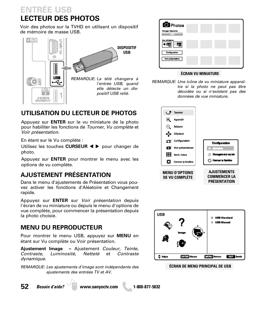 Sanyo DP52440 manual Entrée USB, Lecteur DES Photos, Utilisation DU Lecteur DE Photos, Ajustement Présentation 