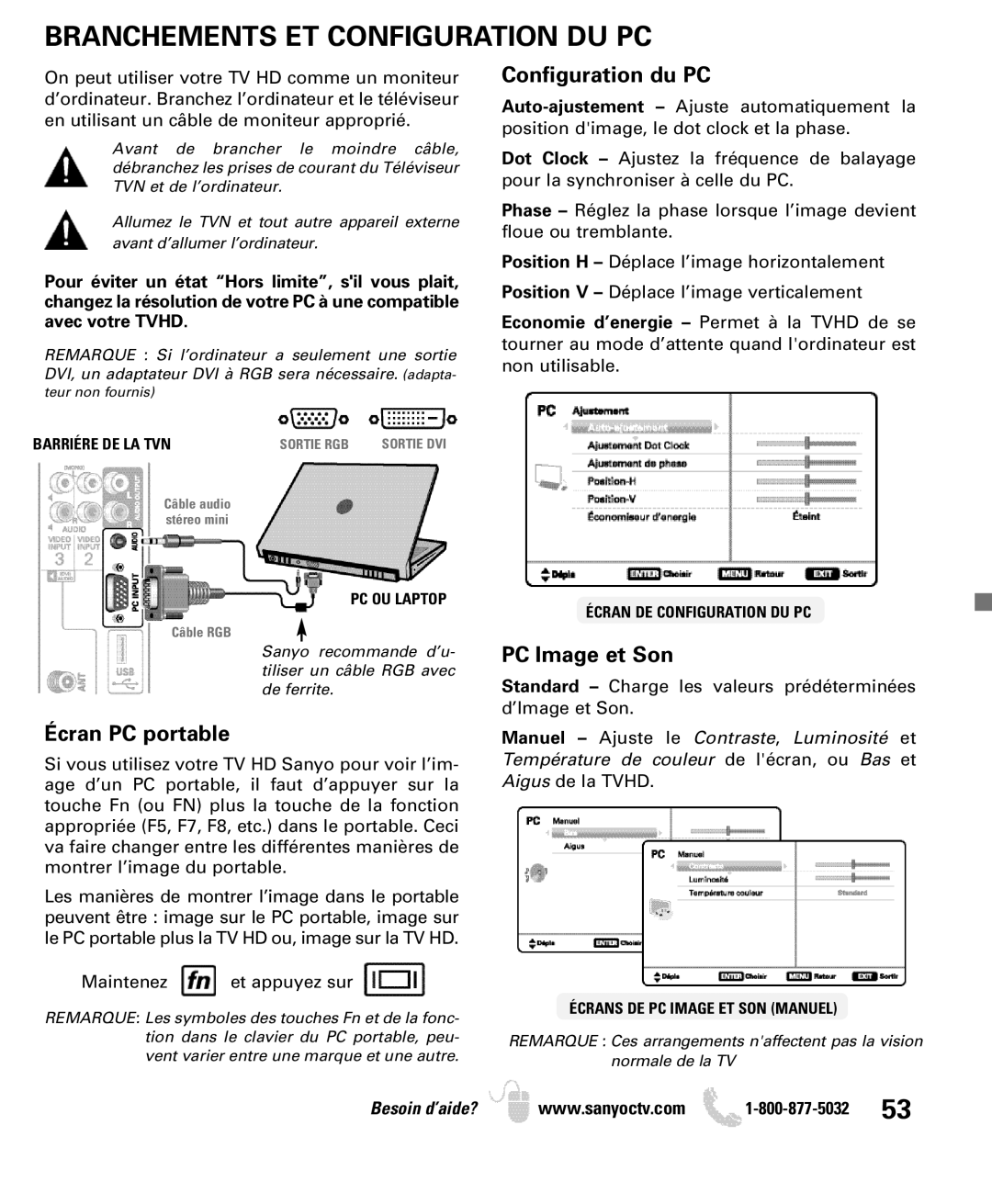 Sanyo DP52440 manual Branchements ET Configuration DU PC, Configuration du PC 