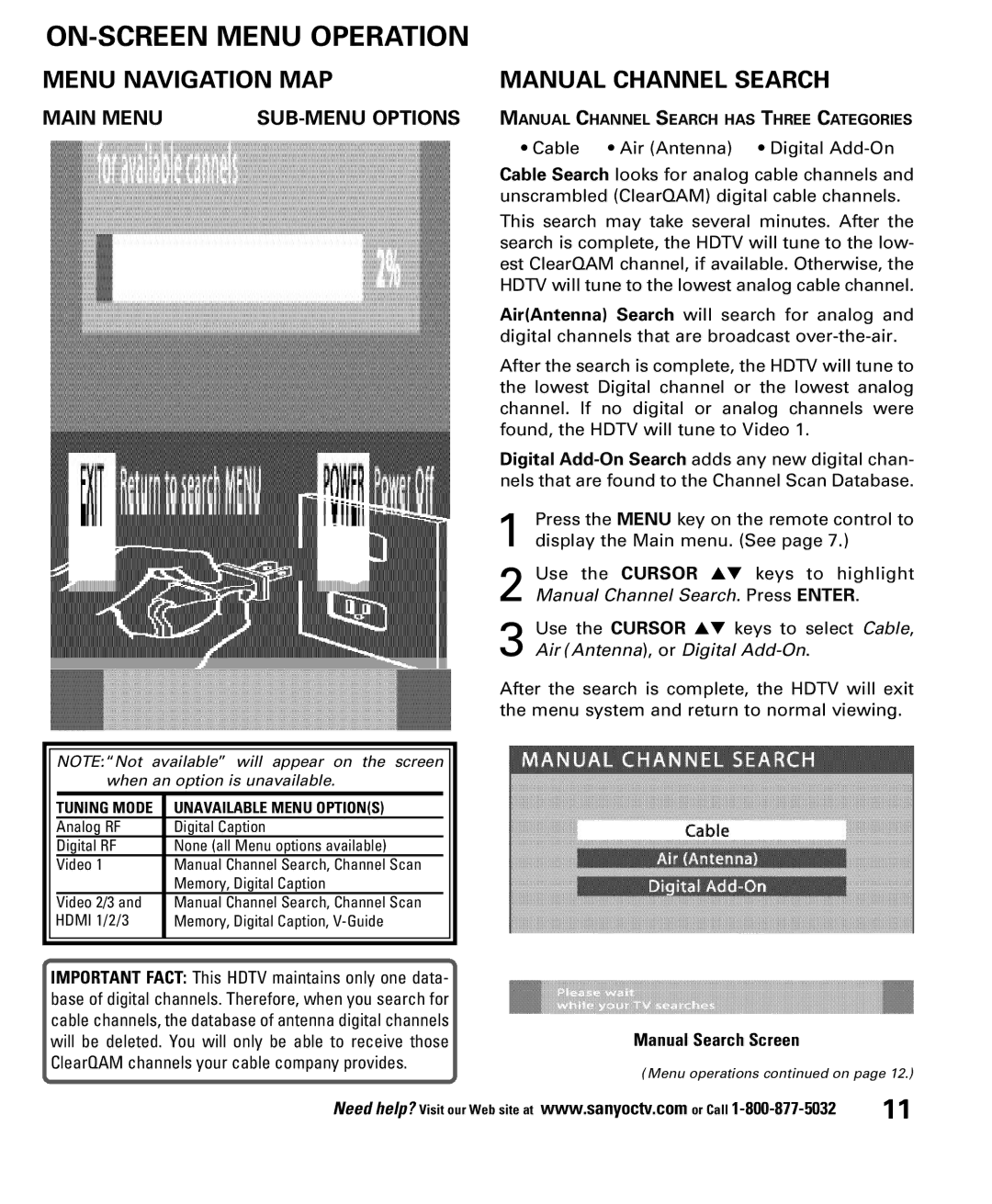 Sanyo DP52848 owner manual ON-SCREEN Menu Operation, Menu Navigation MAP Manual Channel Search, Manual Search Screen 