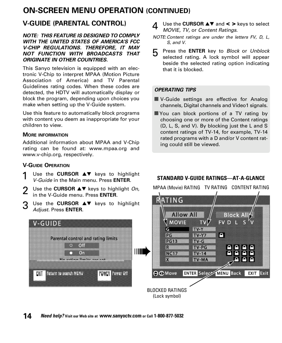 Sanyo DP52848 owner manual Guide Parental Control, Operating Tips 