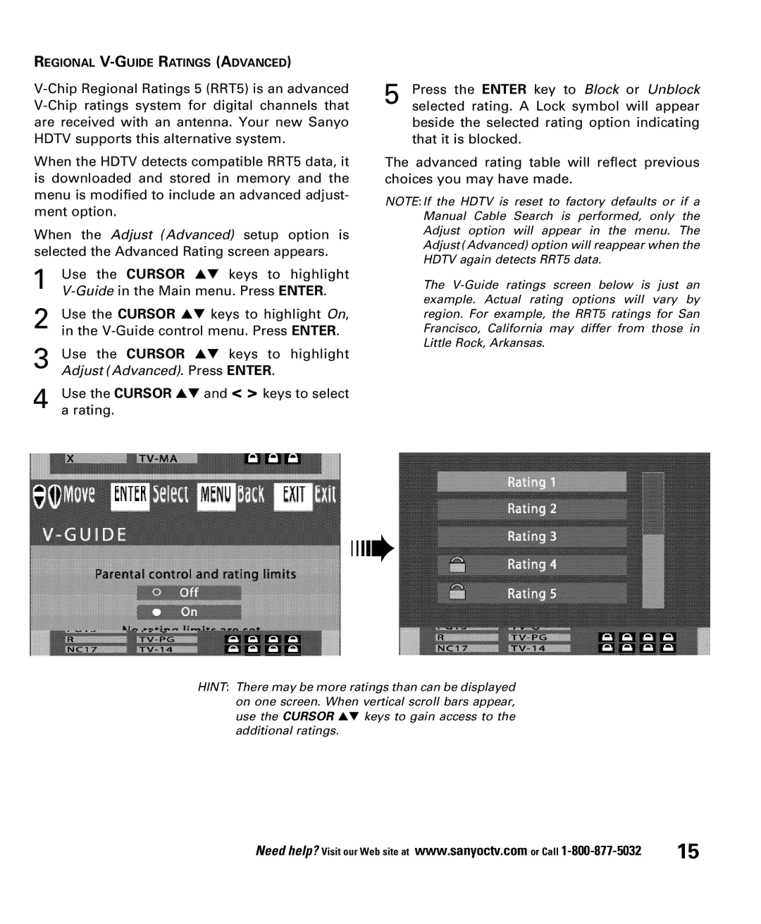 Sanyo DP52848 owner manual Regional V-GUIDE Ratings Advanced 