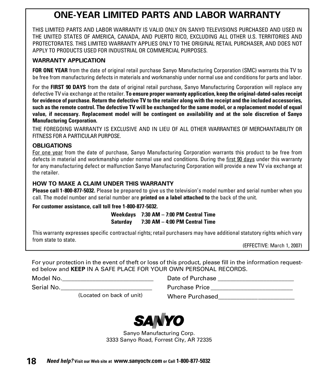 Sanyo DP52848 ONE-YEAR Limited Parts and Labor Warranty, For customer assistance, call toll free Weekdays, Saturday 