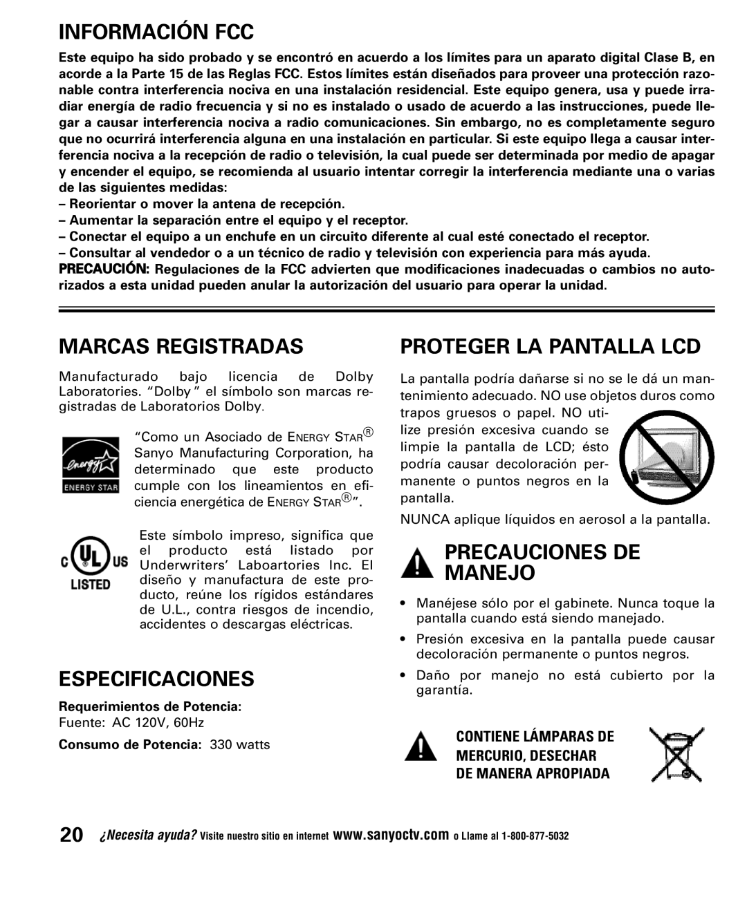 Sanyo DP52848 Información FCC, Marcas Registradas, Especificaciones, Proteger LA Pantalla LCD, Precauciones DE Manejo 