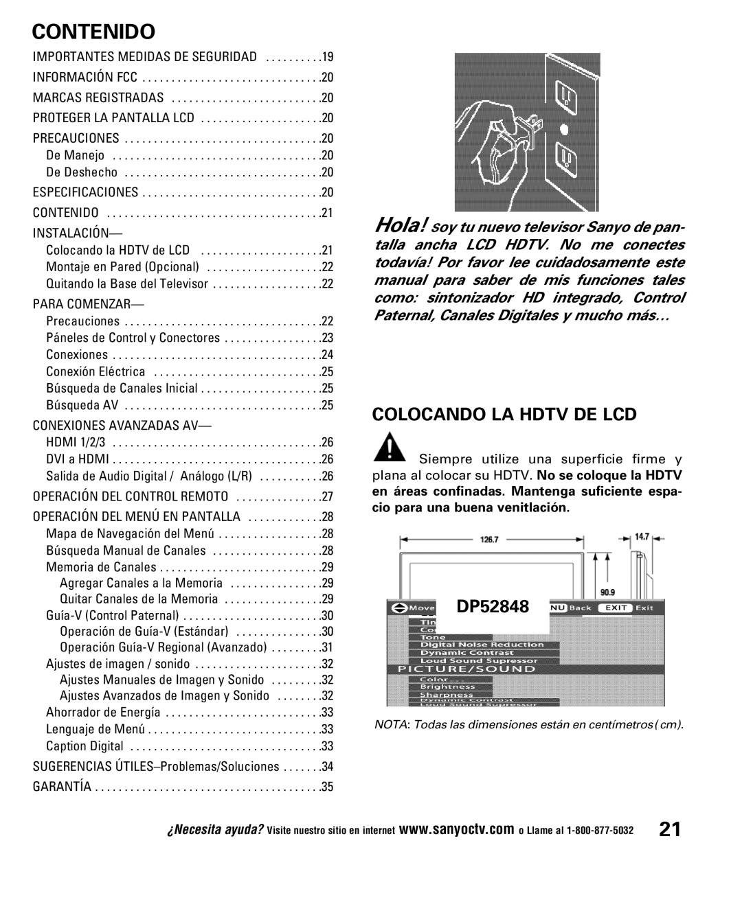 Sanyo DP52848 owner manual Contenido, Colocando LA Hdtv DE LCD 