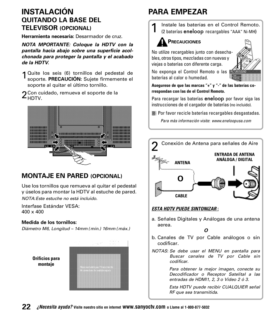 Sanyo DP52848 owner manual Instalación, Para Empezar, Quitando LA Base DEL Televisor Opcional, Montaje EN Pared Opcional 