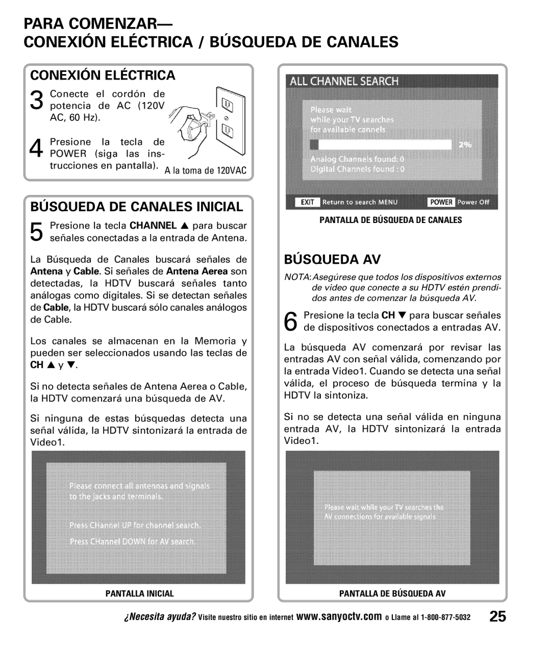 Sanyo DP52848 owner manual Para Comenzar Conexión Eléctrica / Búsqueda DE Canales, Búsqueda DE Canales Inicial, Búsqueda AV 