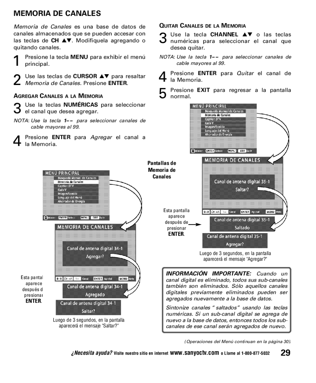 Sanyo DP52848 owner manual Memoria DE Canales, Pantallas de Memoria de Canales 