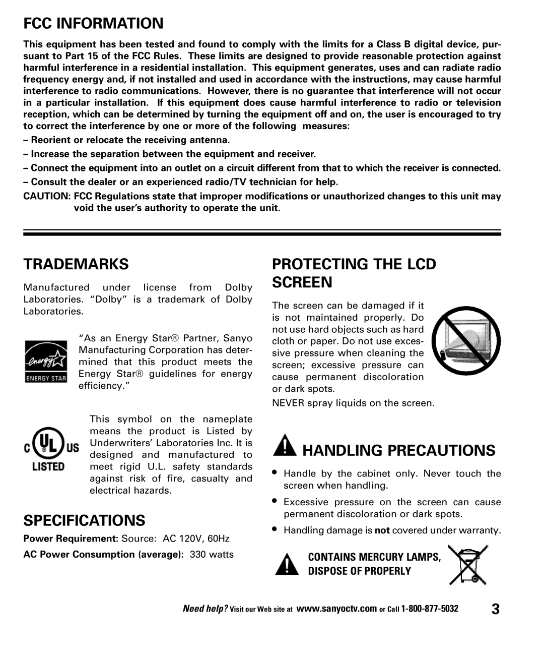 Sanyo DP52848 owner manual FCC Information, Trademarks, Specifications, Protecting the LCD Screen, Handling Precautions 