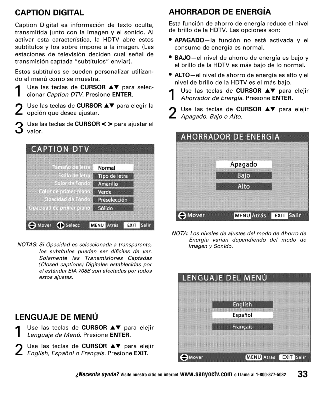Sanyo DP52848 owner manual Caption Digital, Ahorrador DE Energía, Lenguaje DE Menú 