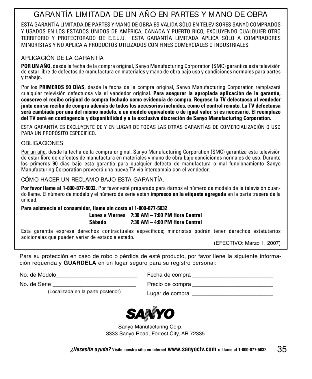 Sanyo DP52848 Garantía Limitada DE UN AÑO EN Partes Y Mano DE Obra, Para asistencia al consumidor, llame sin costo al 