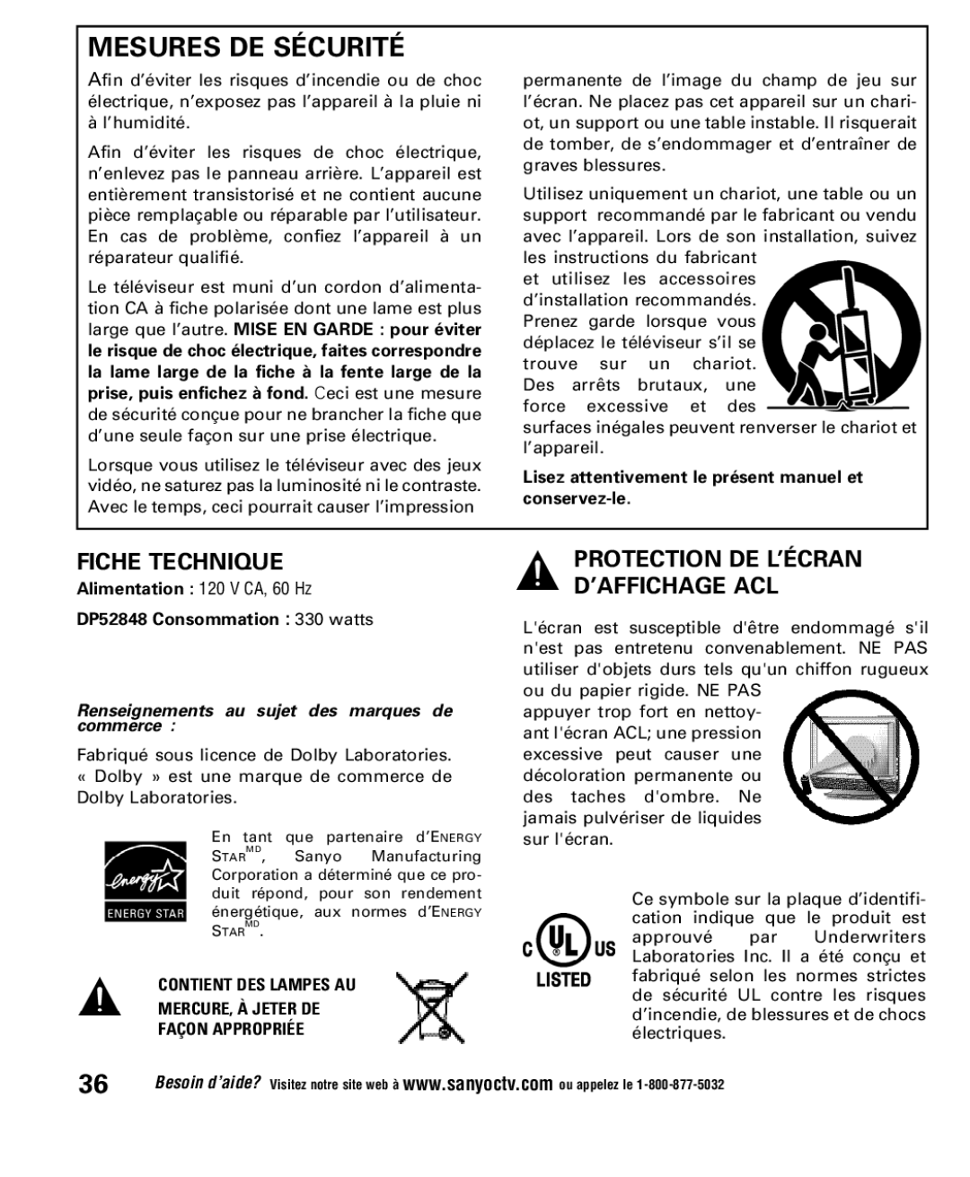 Sanyo DP52848 owner manual Mesures DE Sécurité, Fiche Technique, Protection DE L’ÉCRAN ’AFFICHAGE ACL 