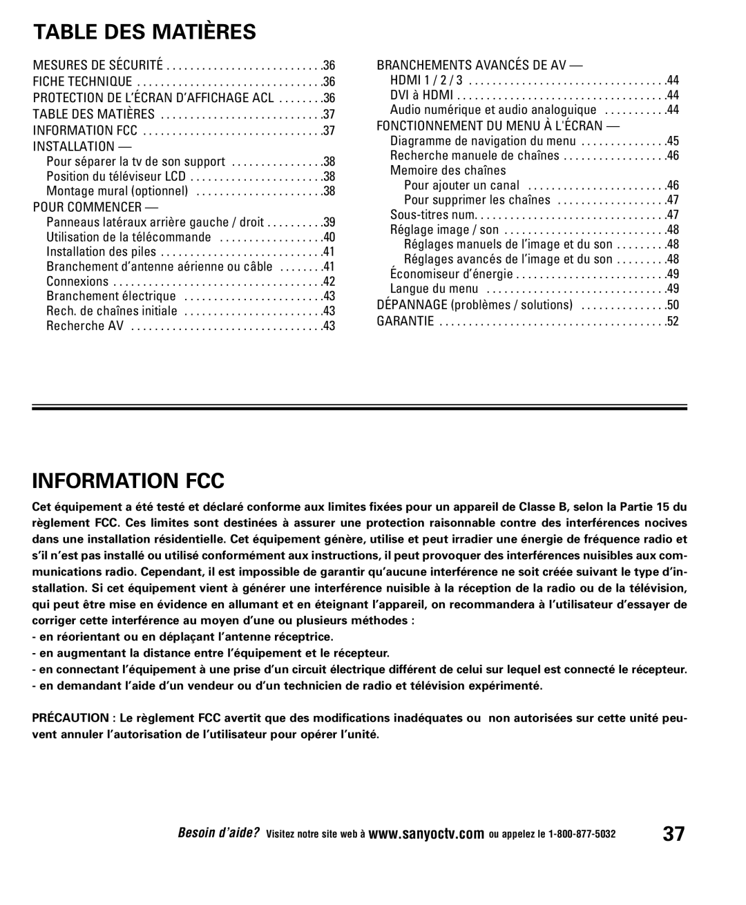 Sanyo DP52848 owner manual Table DES Matières, Information FCC 