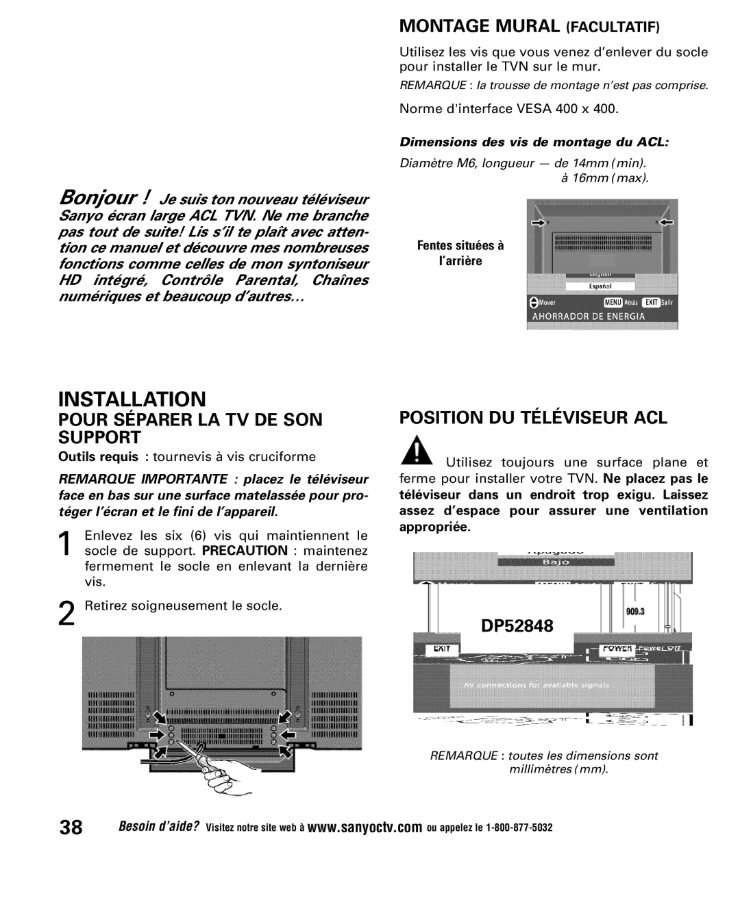 Sanyo DP52848 owner manual Montage Mural Facultatif, Pour Séparer LA TV DE SON Support, Position DU Téléviseur ACL 