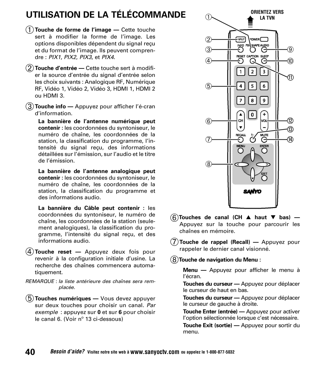 Sanyo DP52848 owner manual Utilisation DE LA Télécommande, Touche Exit sortie Appuyez pour sortir du menu 