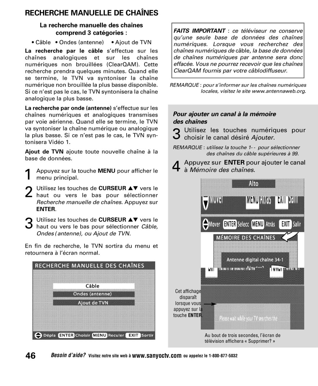 Sanyo DP52848 owner manual Recherche Manuelle DE Chaînes, La recherche manuelle des chaînes Comprend 3 catégories 