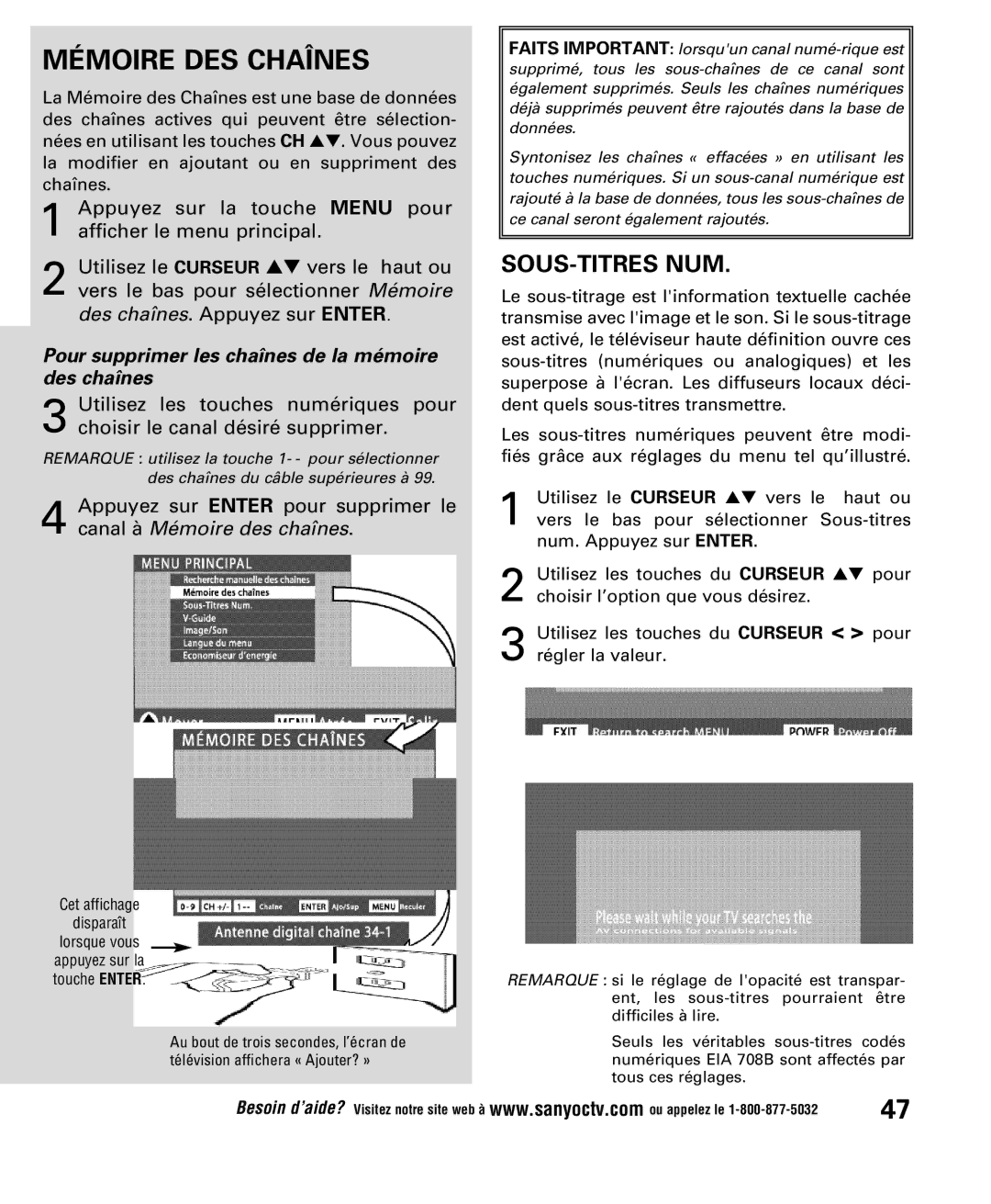 Sanyo DP52848 owner manual Mémoire DES Chaînes, Sous-Titres Num 