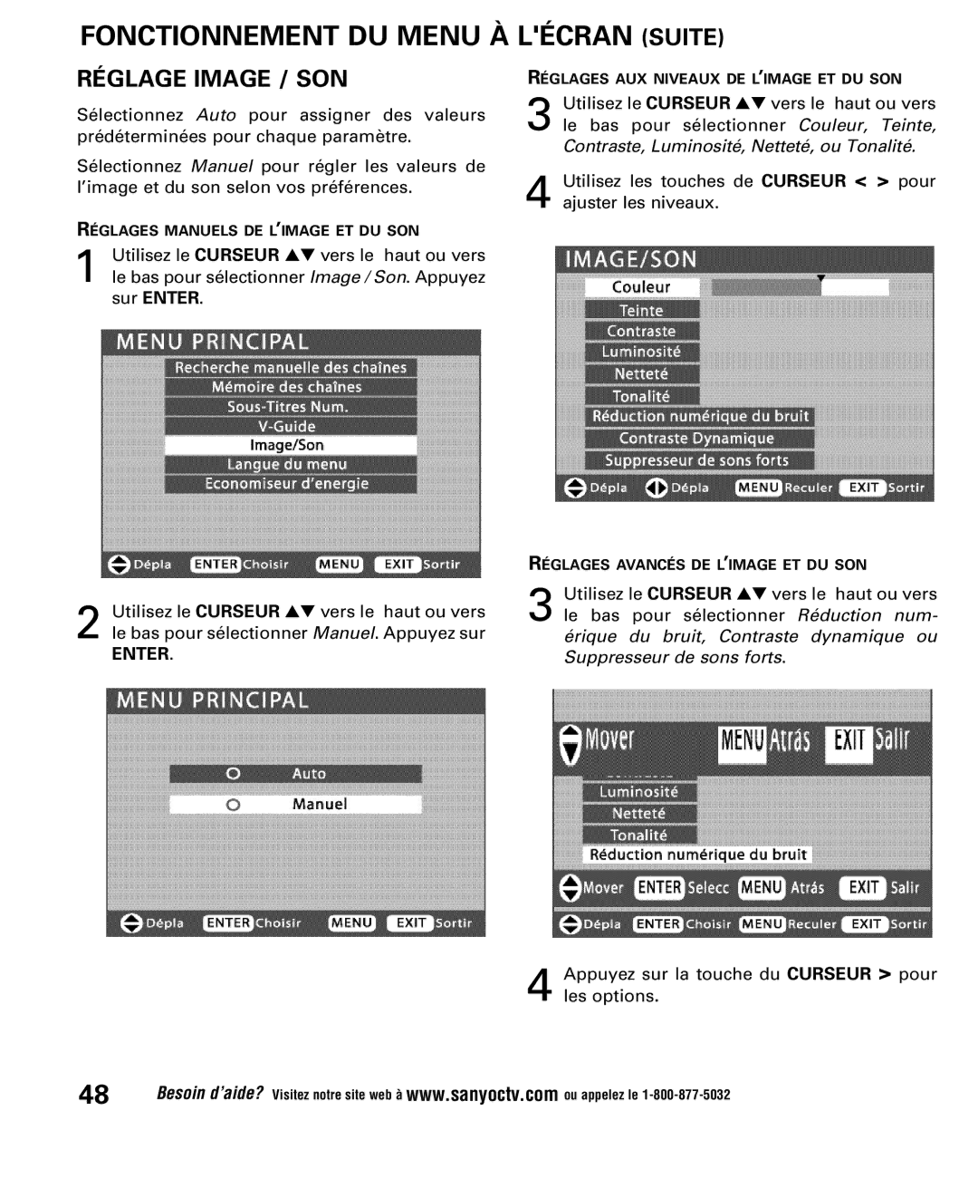 Sanyo DP52848 owner manual Fonctionnement DU Menu À Lécran Suite, Réglage Image / SON 