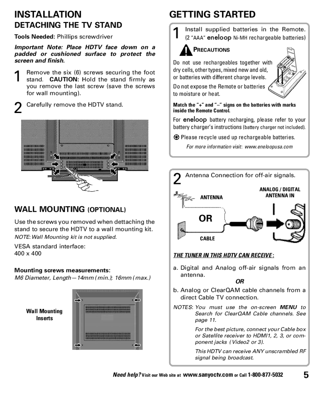 Sanyo DP52848 owner manual Installation, Getting Started, Detaching the TV Stand, Wall Mounting Optional 