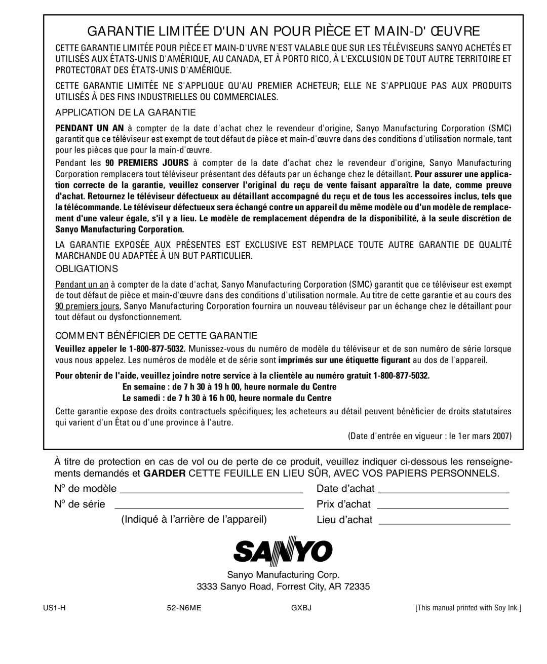 Sanyo DP52848 owner manual Garantie Limitée DUN AN Pour Pièce ET MAIN-D Œuvre, Application DE LA Garantie 