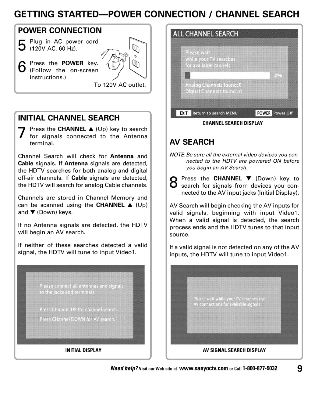 Sanyo DP52848 Getting STARTED-POWER Connection / Channel Search, Power Connection, Initial Channel Search, AV Search 