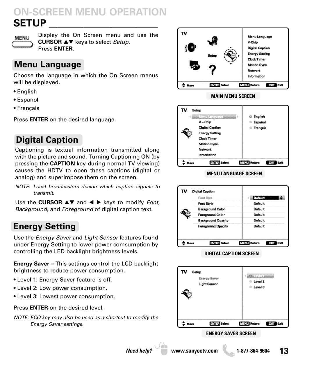 Sanyo DP55360 manual Menu Language, Digital Caption, Energy Setting 