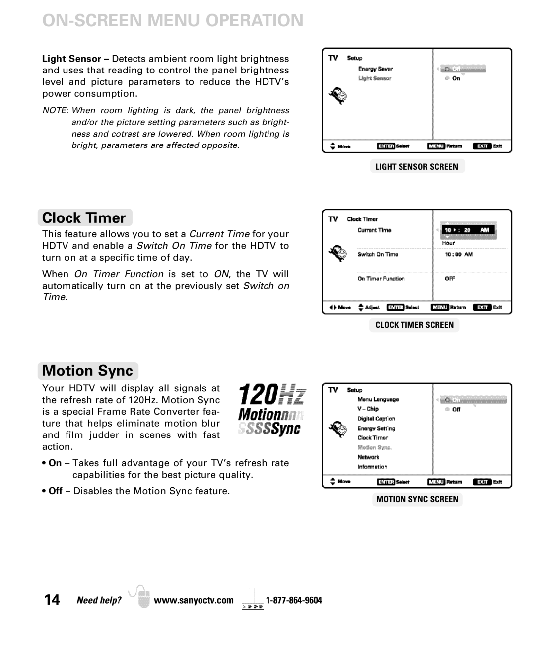 Sanyo DP55360 manual Clock Timer, Motion Sync 