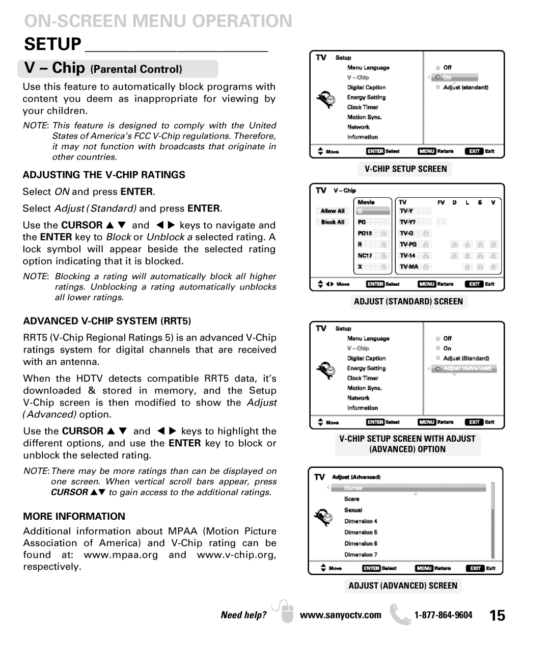 Sanyo DP55360 manual Setup, Adjusting the V-CHIP Ratings, Advanced V-CHIP System RRT5, More Information 