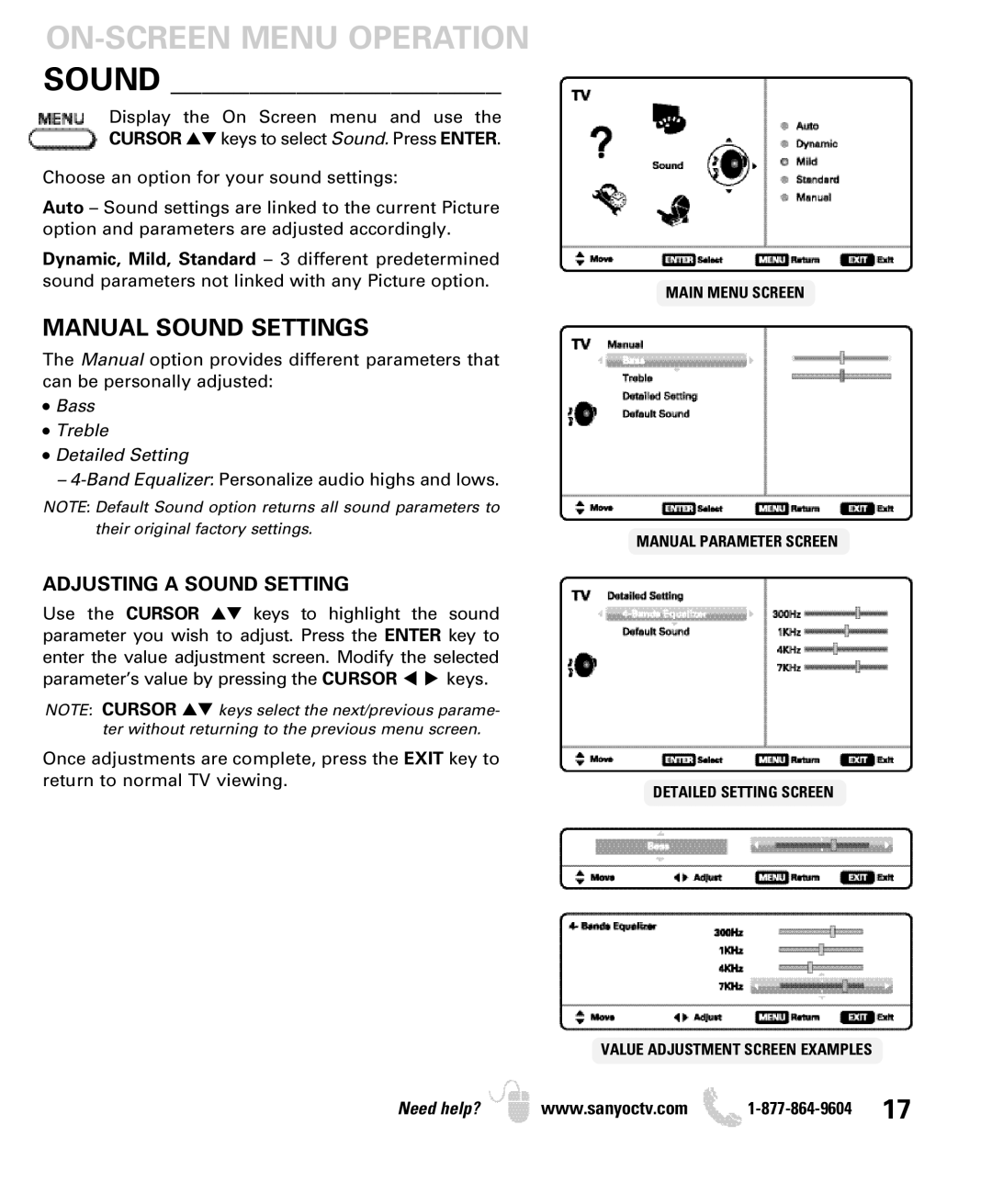 Sanyo DP55360 manual Manual Sound Settings, Adjusting a Sound Setting 