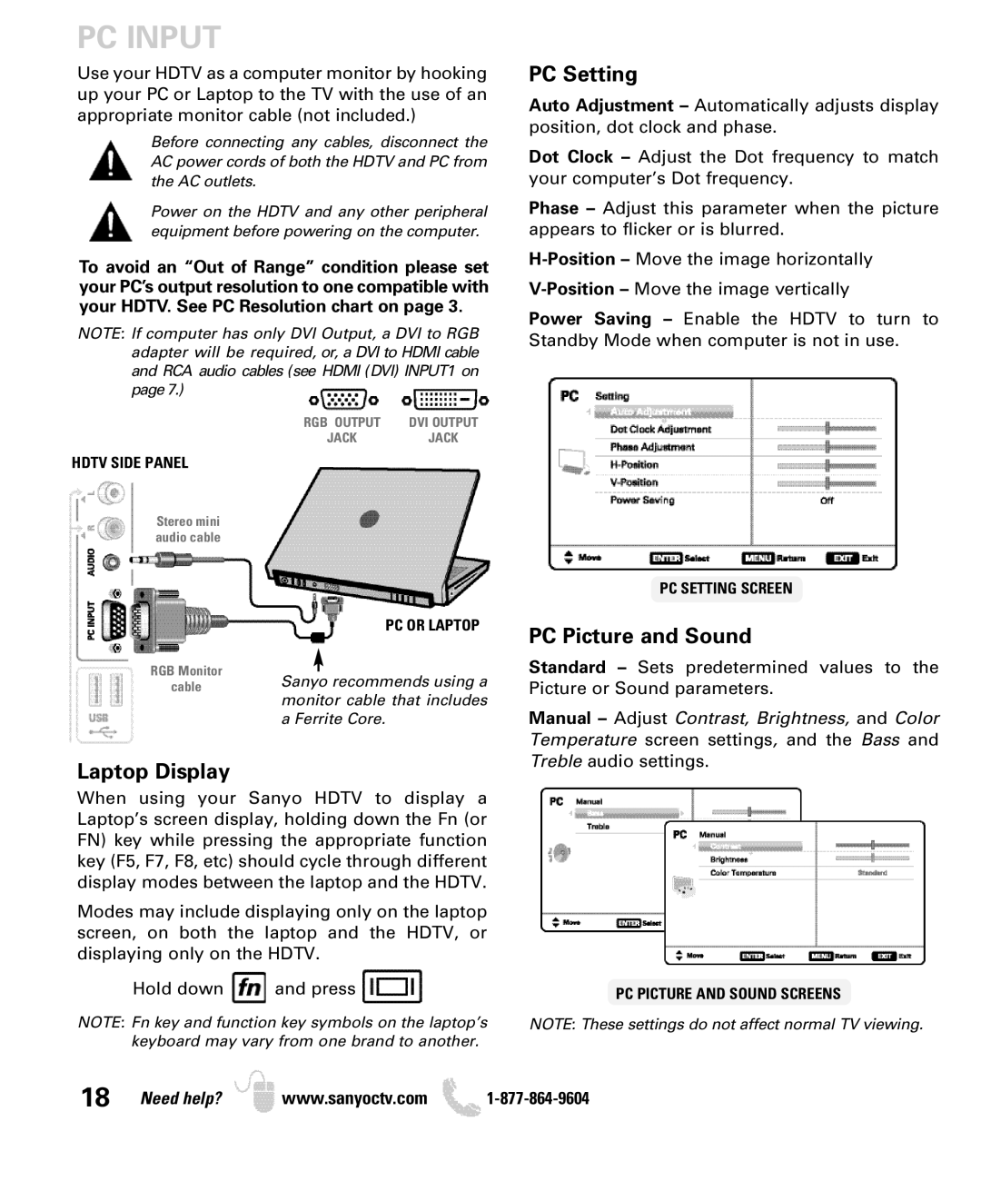 Sanyo DP55360 manual PC Input, Laptop Display 