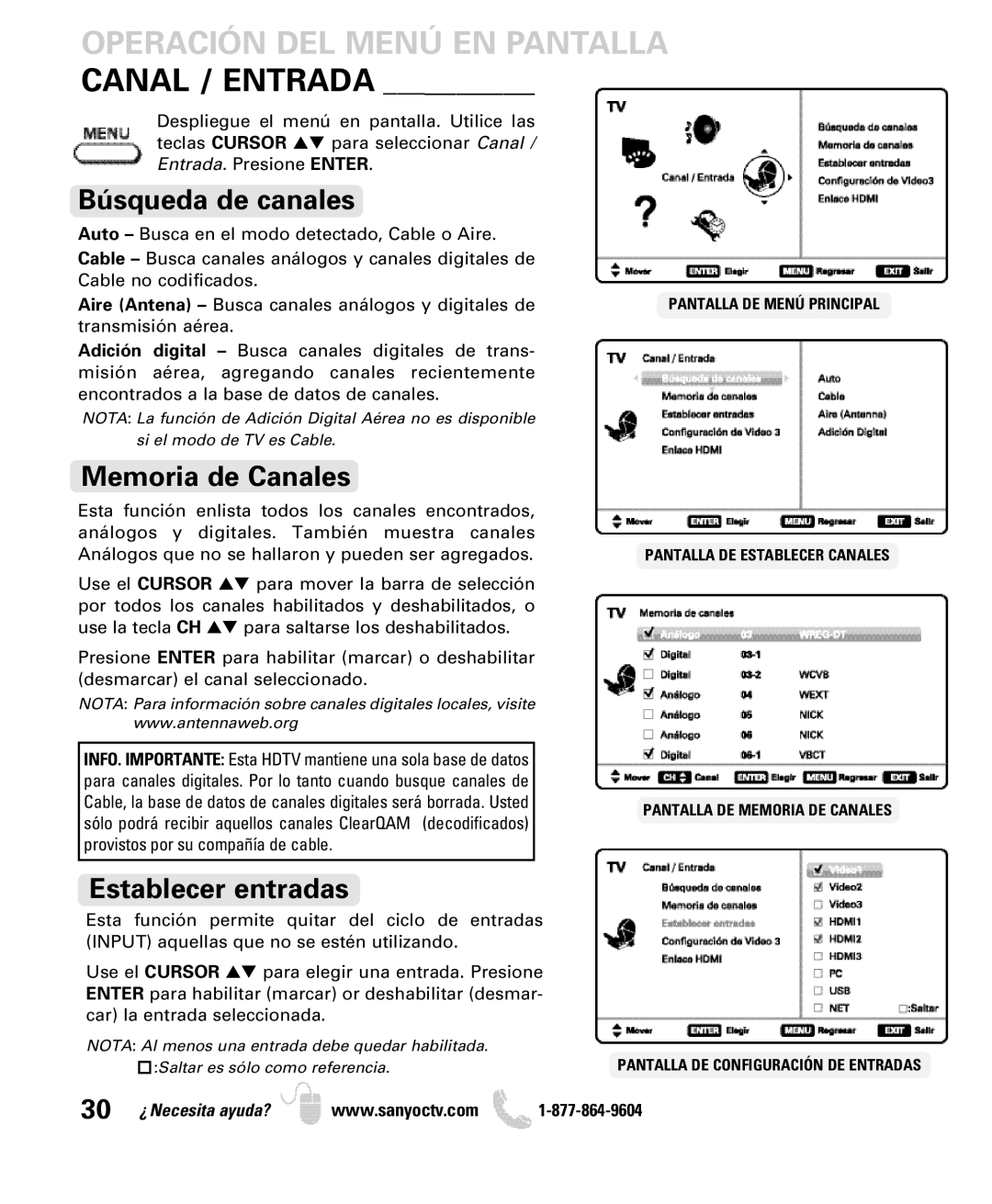 Sanyo DP55360 manual Operación DEL Menú EN Pantalla, Búsqueda de canales, Memoria de Canales, Establecer entradas 